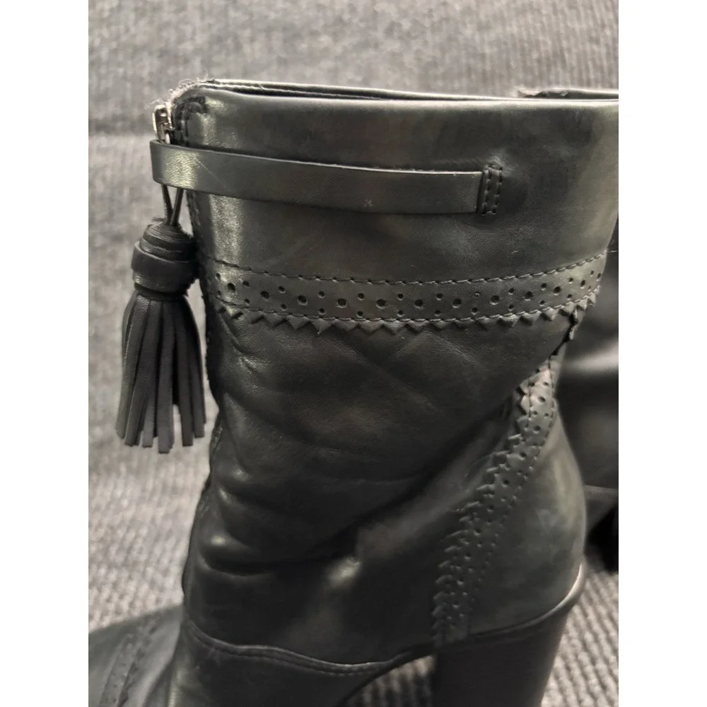Tory Burch Black Leather Huxley Tassel Ankle Boots Block Heel Women Size 8
